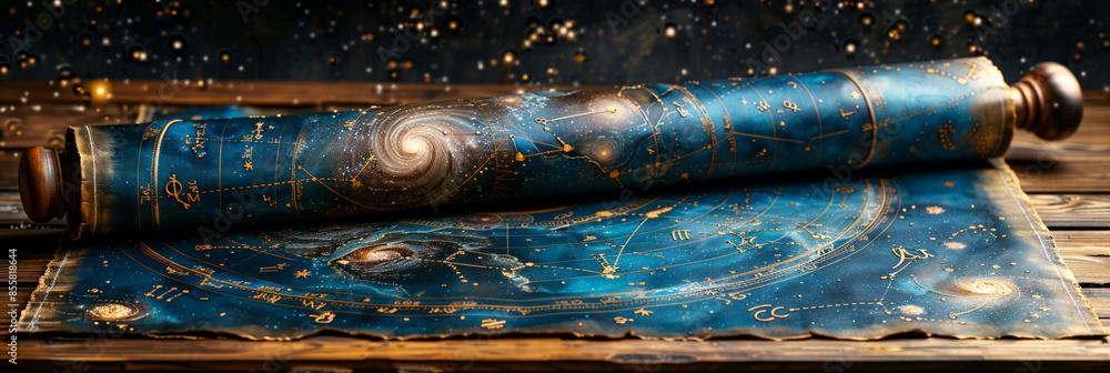 Wall mural ancient star map scroll with detailed cosmic illustrations, representing exploration and astronomy.