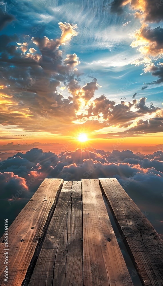 Poster wooden table top with view of sunset above the clouds. product display background