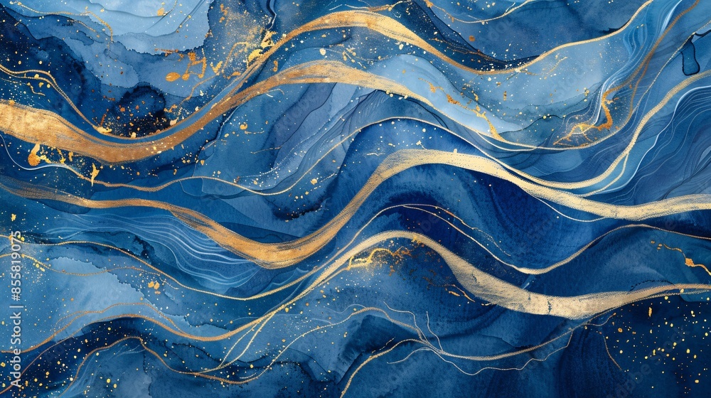 Poster an abstract background features a pattern of sea waves in blue and gold textures, mimicking the appe