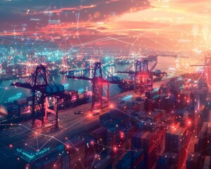 Futuristic port  global connectivity and smart logistics in a vibrant sunset landscape