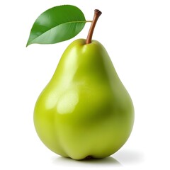 A green pear with a leaf on a white background