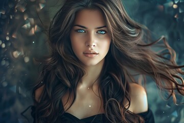 Naklejka premium Stunning image chic brunette with gorgeous, shiny long hair, creating an enchanting visual