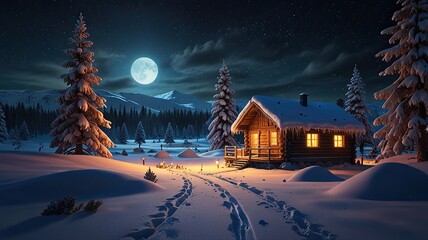 A festive village scene with a cozy house nestled in snow under a starry winter night sky