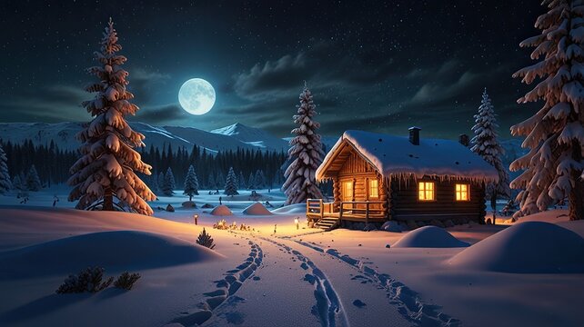 A festive village scene with a cozy house nestled in snow under a starry winter night sky