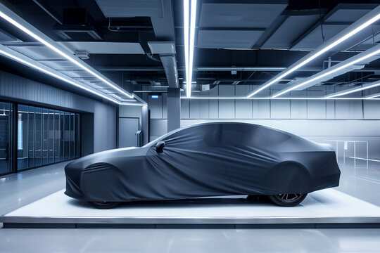 Unknown new mystery car presentation covered with cloth, sedan car hidden under fabric, stands in showroom