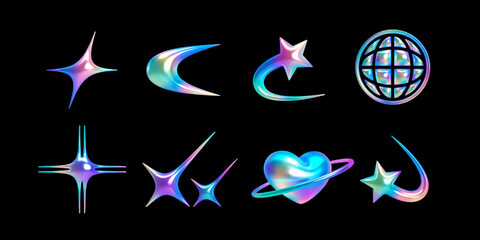 Set of 3d holographic shapes in y2k style. Includes stars, crescent, comet, globe, spark, and heart with ring. Shiny chrome elements with glossy surfaces for futuristic, sci-fi, cosmic, modern designs
