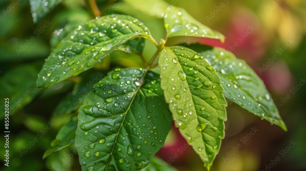 Poster macro image of raindrops on a green leaf with soft focus background in a garden setting