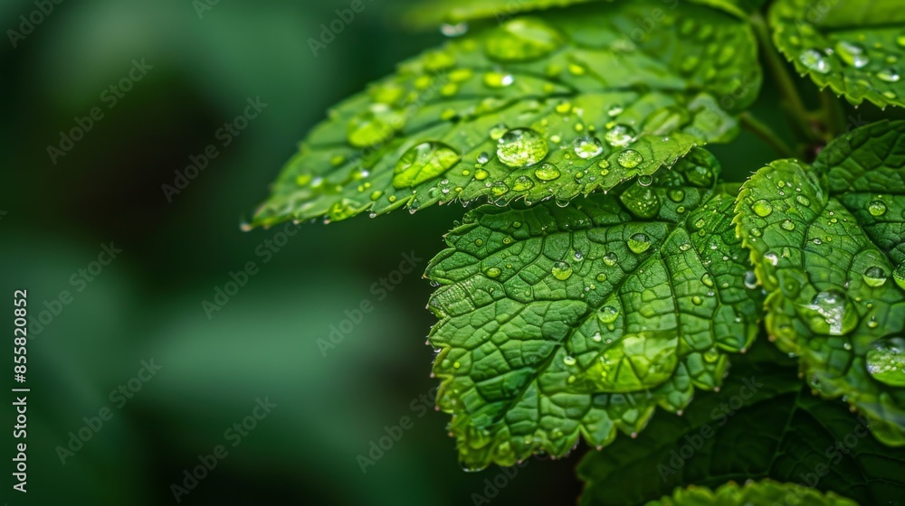 Poster macro image of raindrops on a green leaf with soft focus background in a garden setting