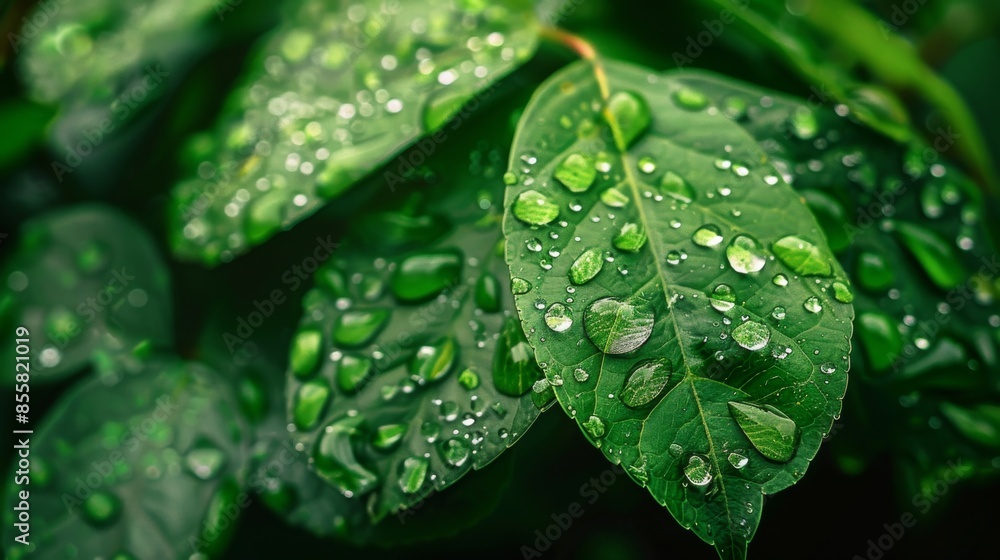 Poster macro image of raindrops on a green leaf with soft focus background in a garden setting