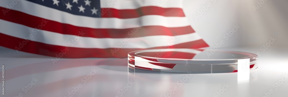 Poster clear podium with us flag backdrop - a transparent round podium with a reflective surface in front o