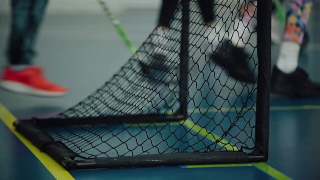 Floor Hockey. Close-up of a Floorball getting into the Gates