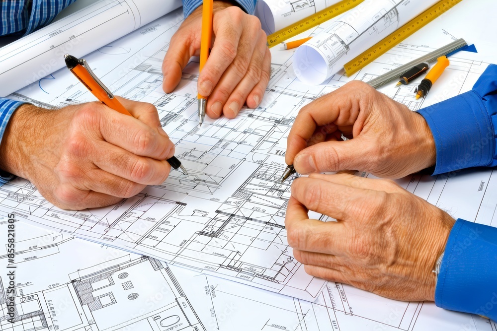 Poster professional architects meticulously analyzing blueprints in a high quality image