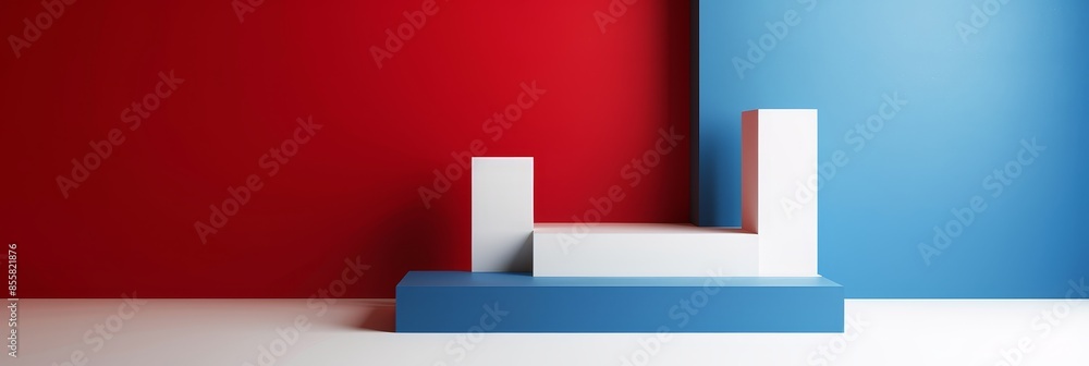 Poster minimalist red and blue podium with shadows - this image features a minimalist design of a podium wi