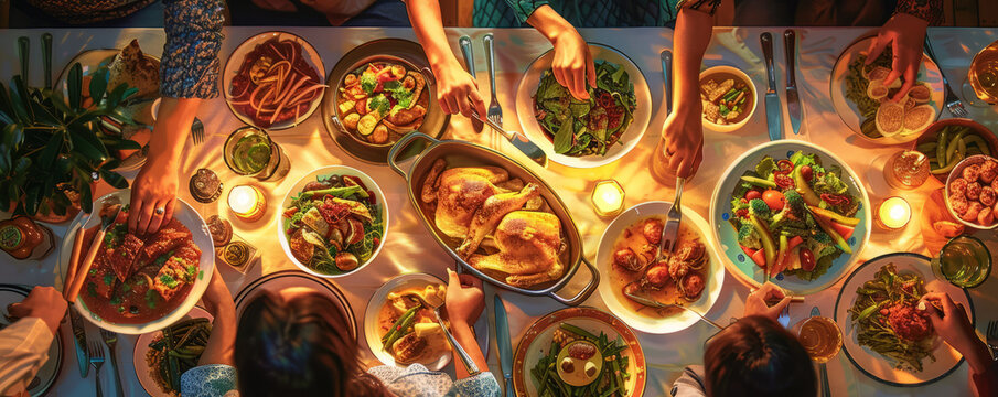 A family hosting a multicultural potluck dinner, where guests share dishes from their heritage and exchange stories.