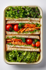 Top view of sandwich and vegetables in a lunch box on white background.