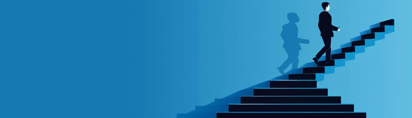 Ambitious businessman climbing stairs symbolizing growth, planning, and competitive spirit