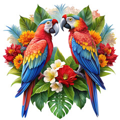 Macaws face each other on a log decorated with flowers.