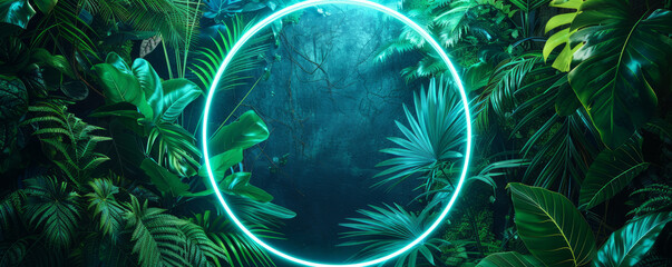 Blue and Green Neon Light with Tropical Plants. Circle shaped Fluorescent Frame in Nature Environment.