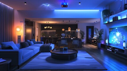 Modern living room with AI devices, ambient lighting, home entertainment system, & warm/cool lighting for a comfortable & relaxing atmosphere. Generative AI