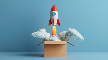 A rocket is depicted taking off from a cardboard box against a blue background, symbolizing creativity and innovation in a playful manner.