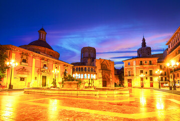 Valencia, Spain: Fountain Rio Turia on Square of the Virgin Saint Mary, Valencia Cathedral and Basilica of Virgen the Helpless. Europe travel destination