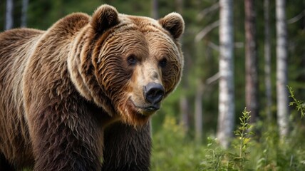 A big brown grizzly bear walking against the background of a summer forest