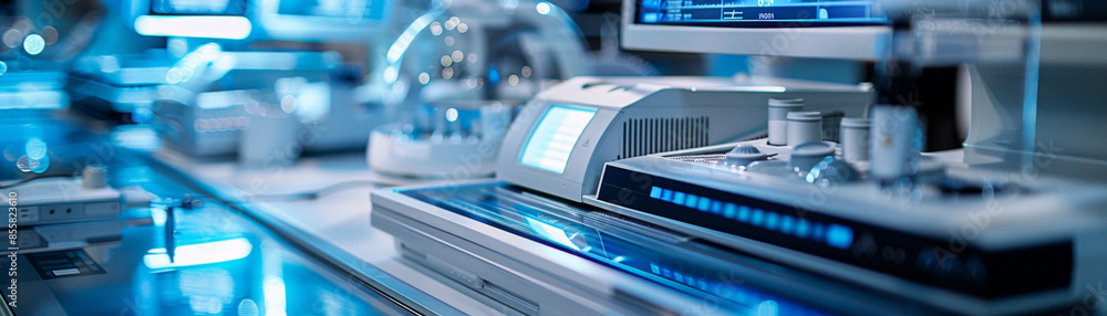 Poster cutting-edge technology with illuminated screens in blue and white color scheme.