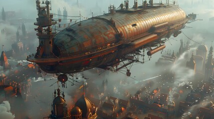 Steampunk Airship Flying Over City.