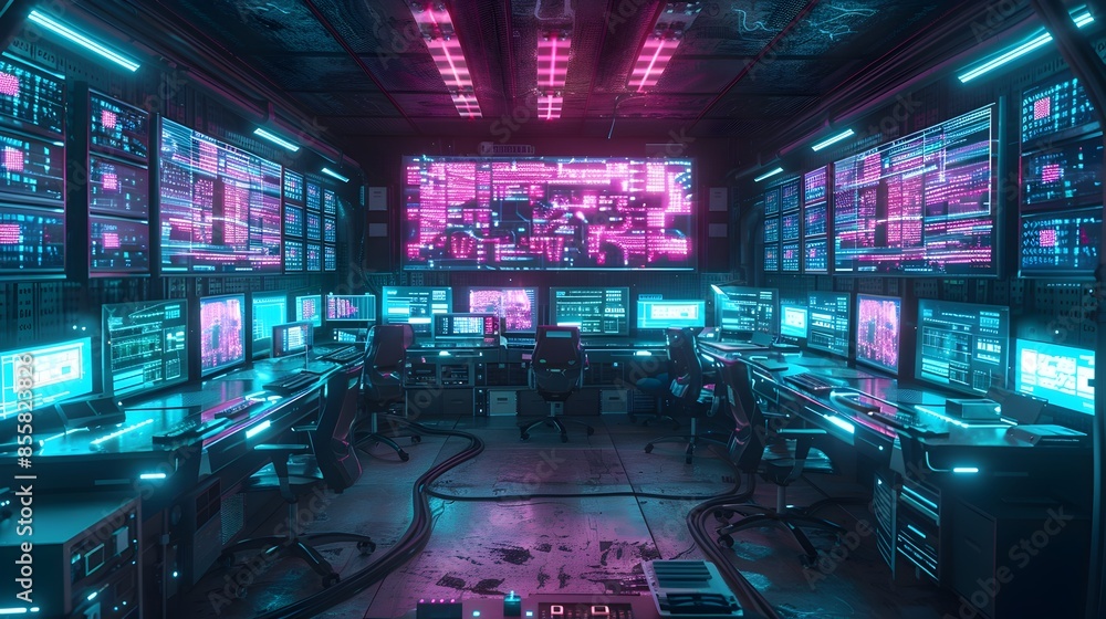 Aufkleber futuristic cyber hacker den with illuminated screens and scattered technology