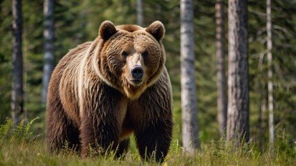 Obraz premium A big brown grizzly bear walking against the background of a summer forest