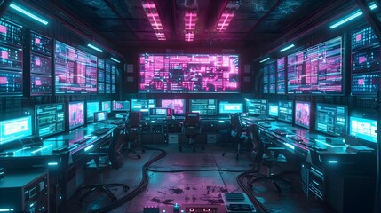 Futuristic Cyber Hacker Den with Illuminated Screens and Scattered Technology