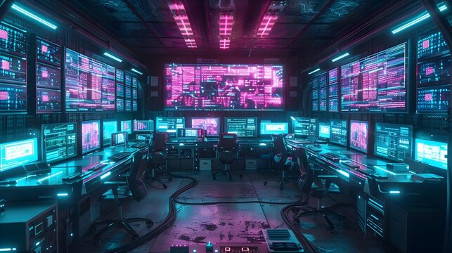 Futuristic Cyber Hacker Den with Illuminated Screens and Scattered Technology