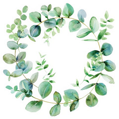 Obraz premium Watercolor minimalist eucalyptus wreath, wedding invitation, aesthetic concept. Generative AI