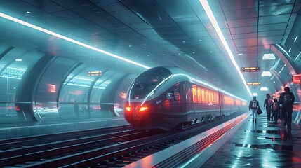 Futuristic Transportation Hub with Sleek Trains Glowing Signage and Modern Design Bustling with Commuters