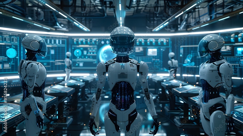 Poster futuristic research lab with advanced systems and robotic assistants in sleek cyber backdrop