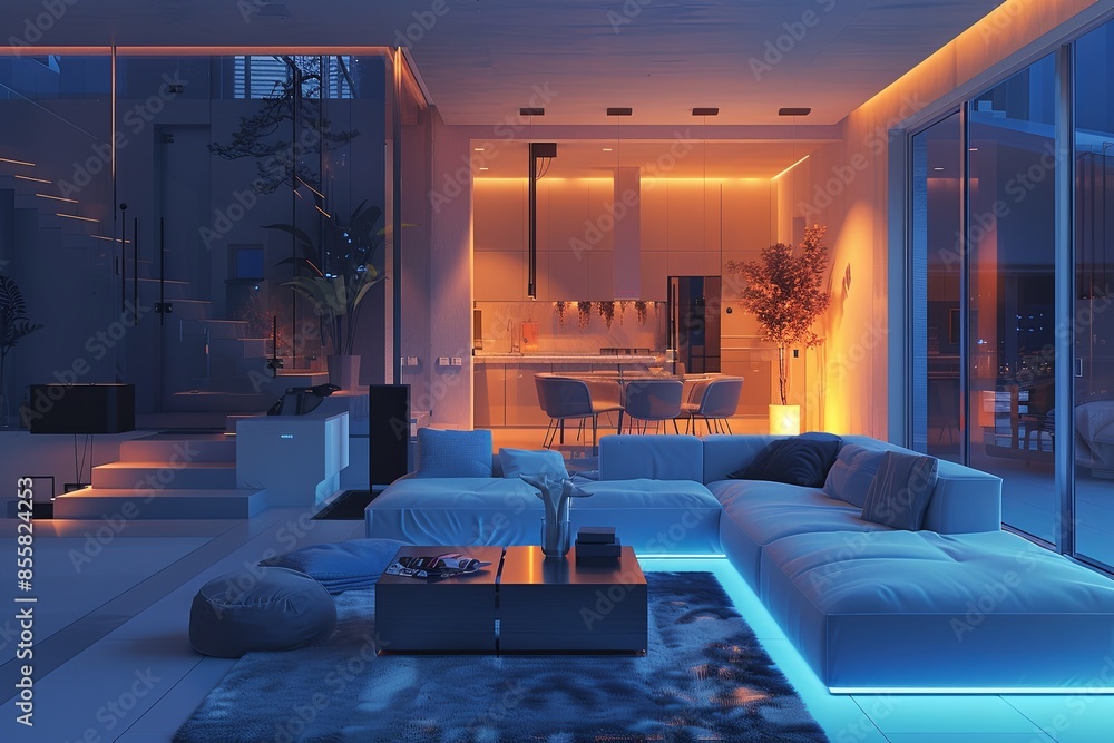 Poster modern smart home with automated lighting, ai devices, and top-notch security for a comfortable high