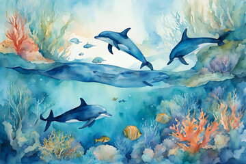 Fototapeta premium Dolphins in Deep Blue, Coral Reef Harmony, Watercolor Ocean Scene, Watercolor dolphins in the ocean