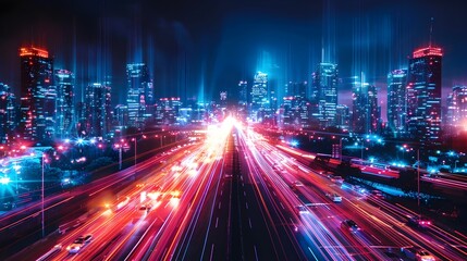 Fototapeta premium Dazzling Neon Lit Cityscape at Night with Futuristic Skyscrapers and Glowing Holograms