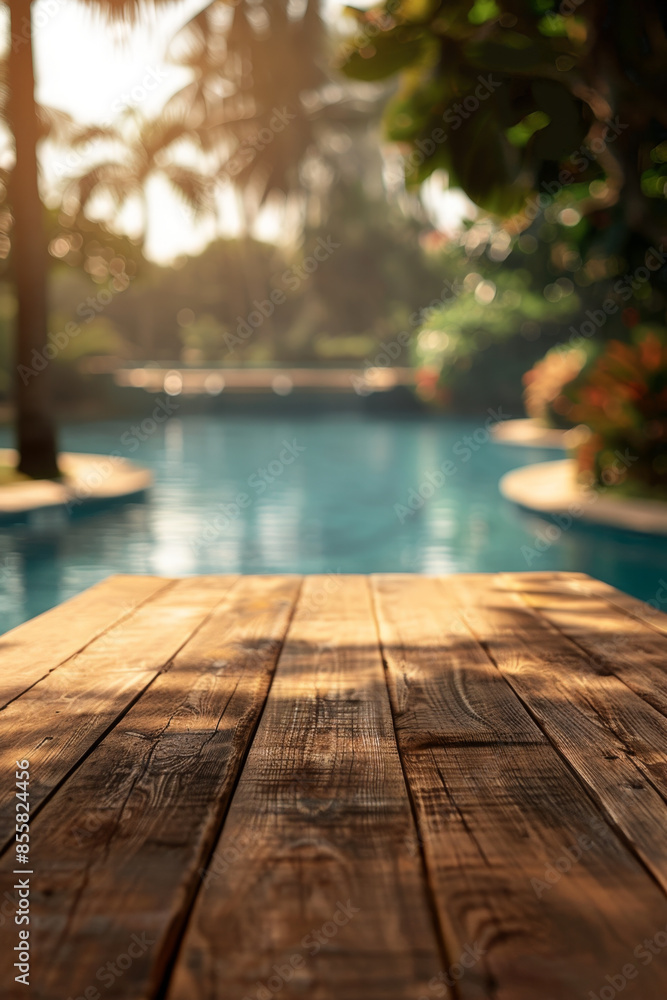 Poster an empty wooden table in front of a blurred pool resort art, setting an ambiance of leisure and rela