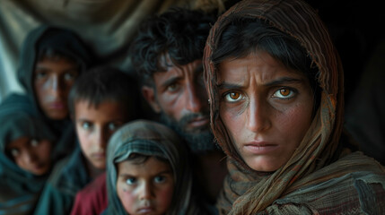 Fototapeta premium A refugee family staring intensely into the camera.