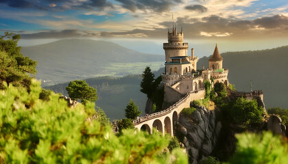 Majestic Castle Perched on a Clifftop in a Fantasy World at Sunset - Powered by Adobe