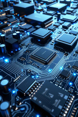 Intricate computer chips on sleek surface with soft blue and white lights, embodying cutting-edge technology.