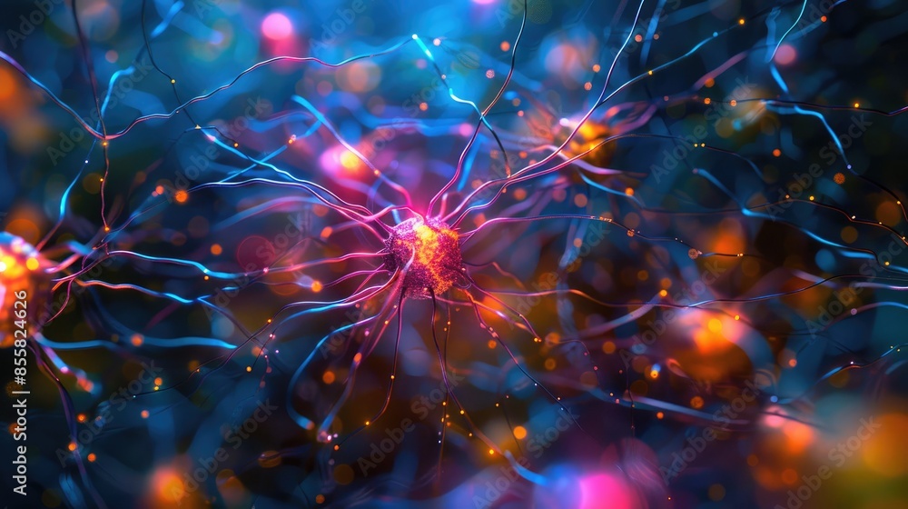 Poster colorful abstract representation of neural networks in the brain, with glowing synapses and vibrant 