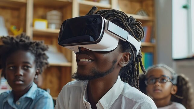 Diverse children and an adult explore virtual reality with VR headsets in a modern classroom setting, experiencing immersive 3D environments.
