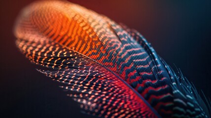 Close-Up of a Vibrant and Colorful Feather with Intricate Patterns on a Dark Background