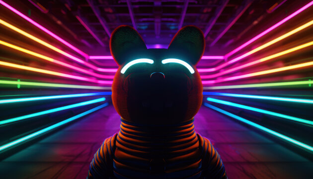 A bear is standing in a neon light tunnel