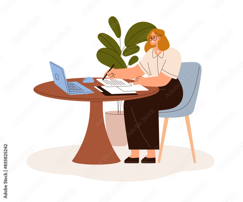 Poster woman works with laptop and papers on desk. business person filling forms, signing documents, sittin