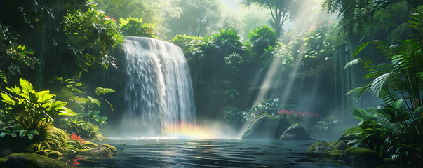 A cascading waterfall surrounded by lush greenery, its mist creating a rainbow in the sunlight.