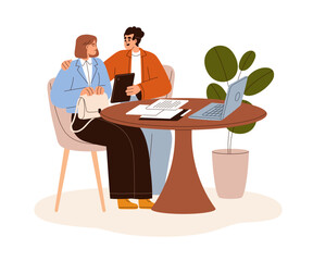 Fototapeta premium Partners meeting for business discussion with documents and laptop on desk. Couple at round table, speaking, discussing work, partnership. Flat vector illustration isolated on white background
