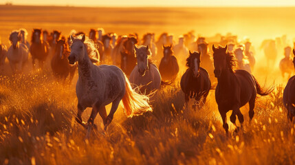 Horse herd run in desert sand storm against dramatic sky.